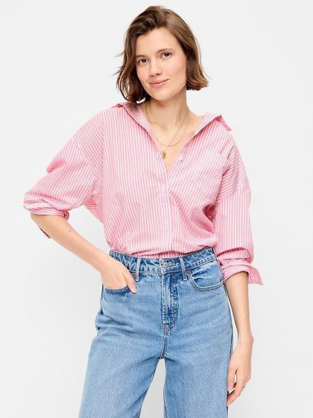 Old Navy The Boyfriend Shirt XL Pink White Stripe Button Down Oversized Blouse